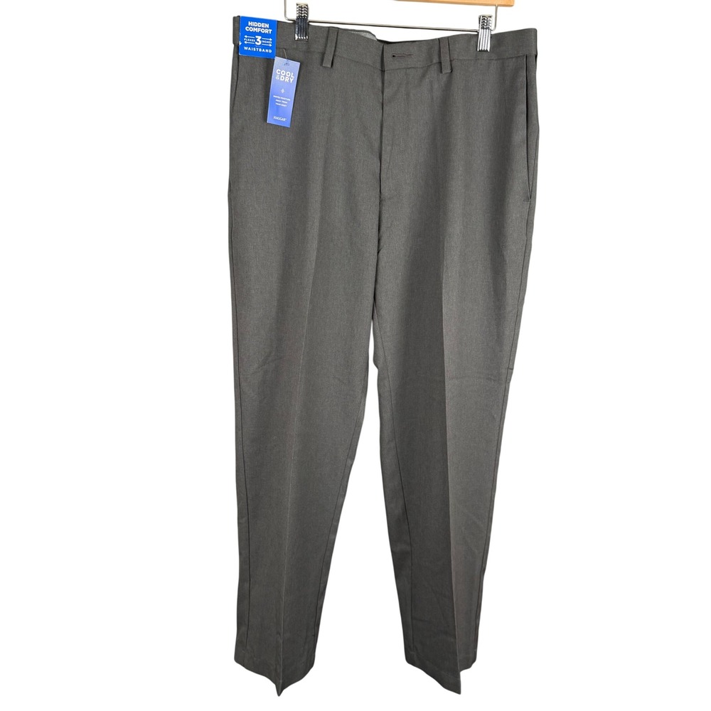 Haggar Cool Right Performance Flex Pants Mens 36x30 Gray Classic Fit Flat Front